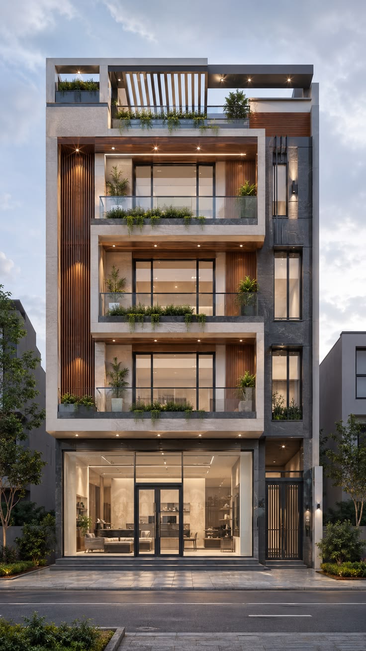 Edificio Moalba II: fachada con balcones, madera y jardineras
