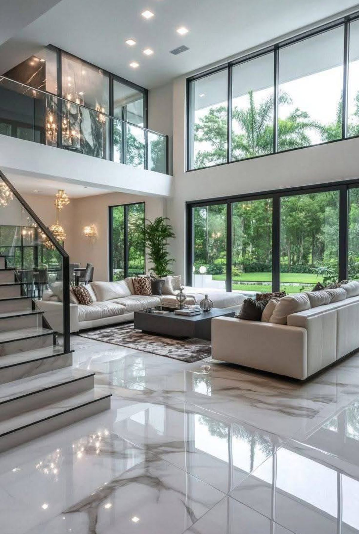 Sala de doble altura con ventanales, piso de porcelanato pulido y muebles claros