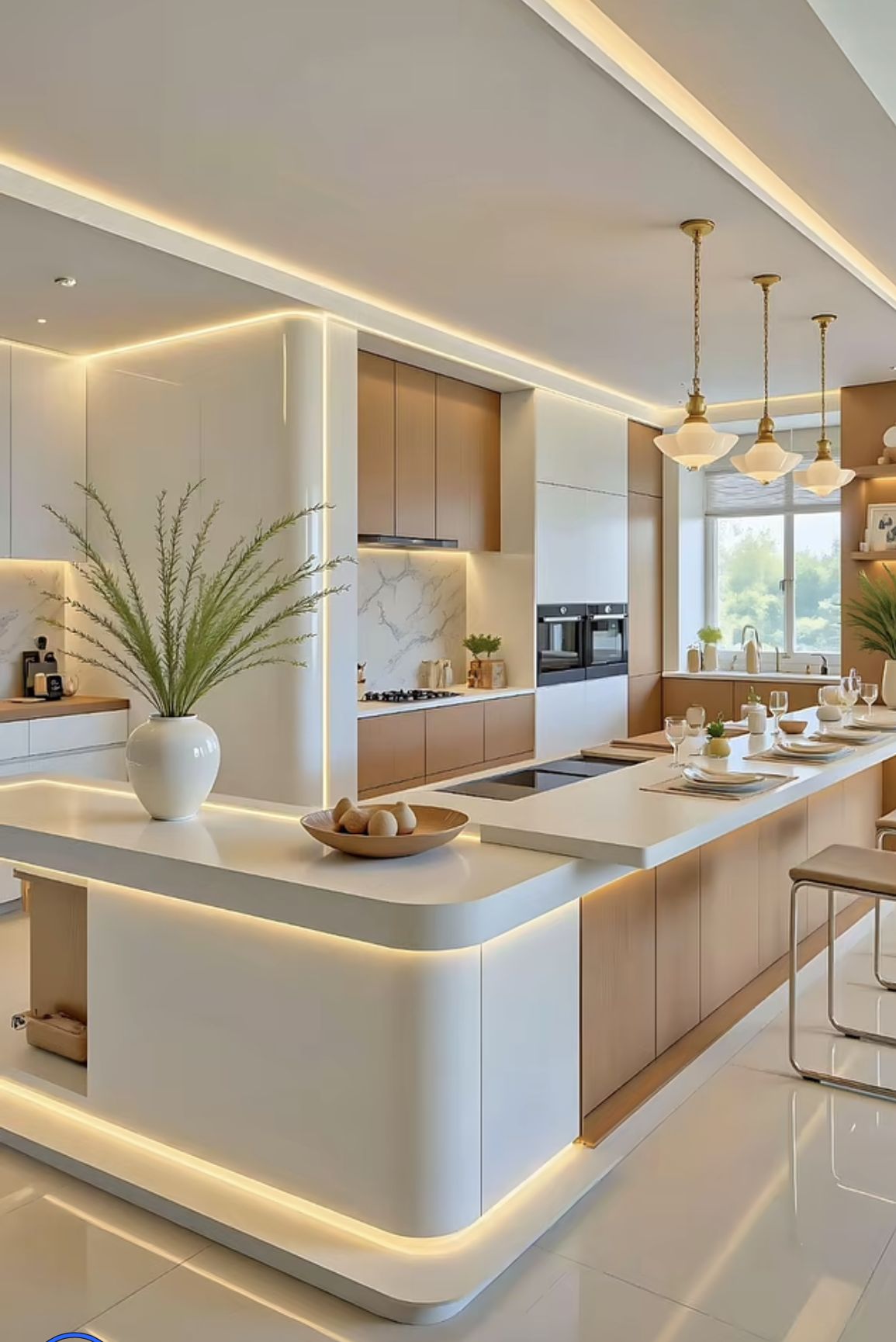 Cocina moderna con isla, muebles de madera clara e iluminación empotrada